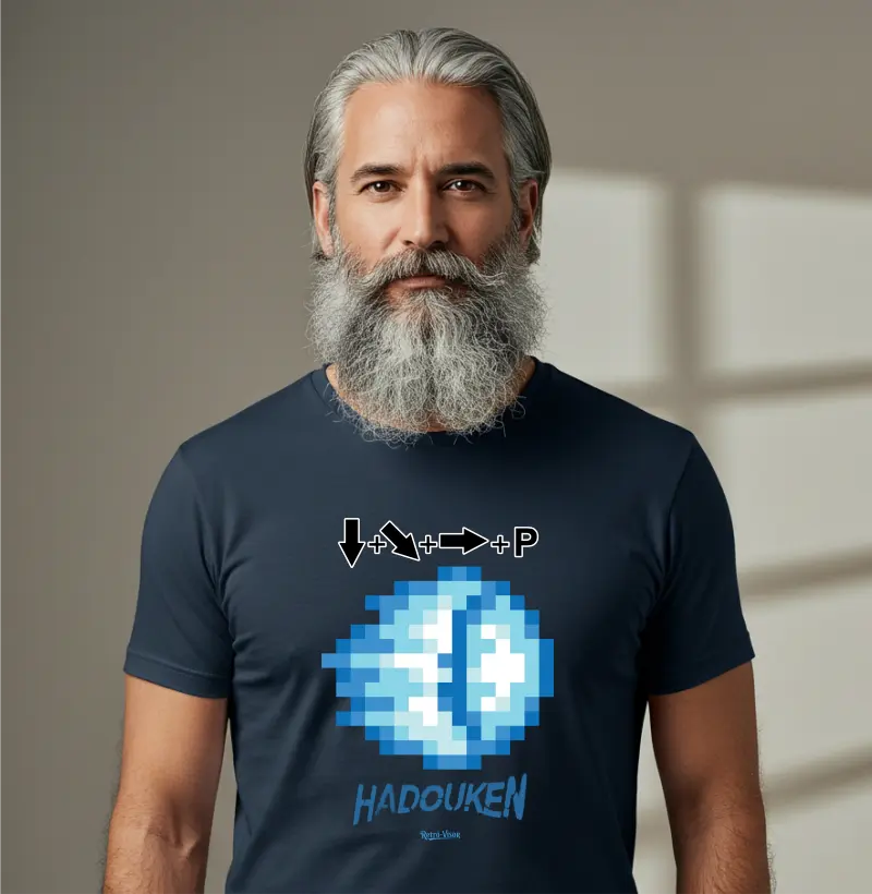 Homem vestindo camiseta preta com estampa Hadouken