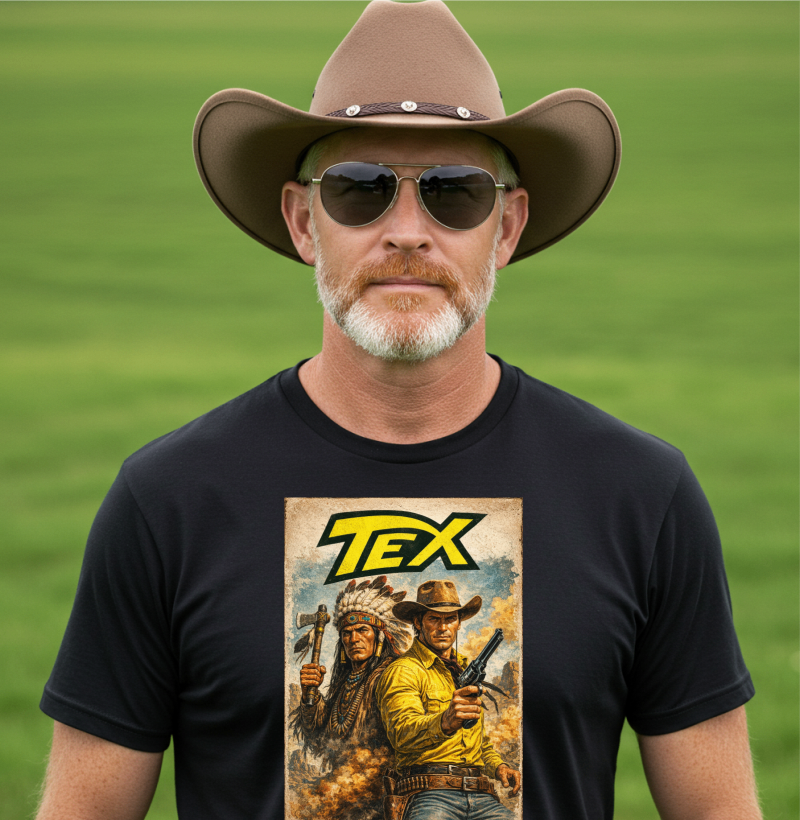 Homem com chapéu vestindo camiseta preta com estampa Tex