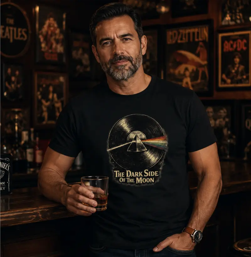 Homem vestindo camiseta preta inspirada em rock clássico