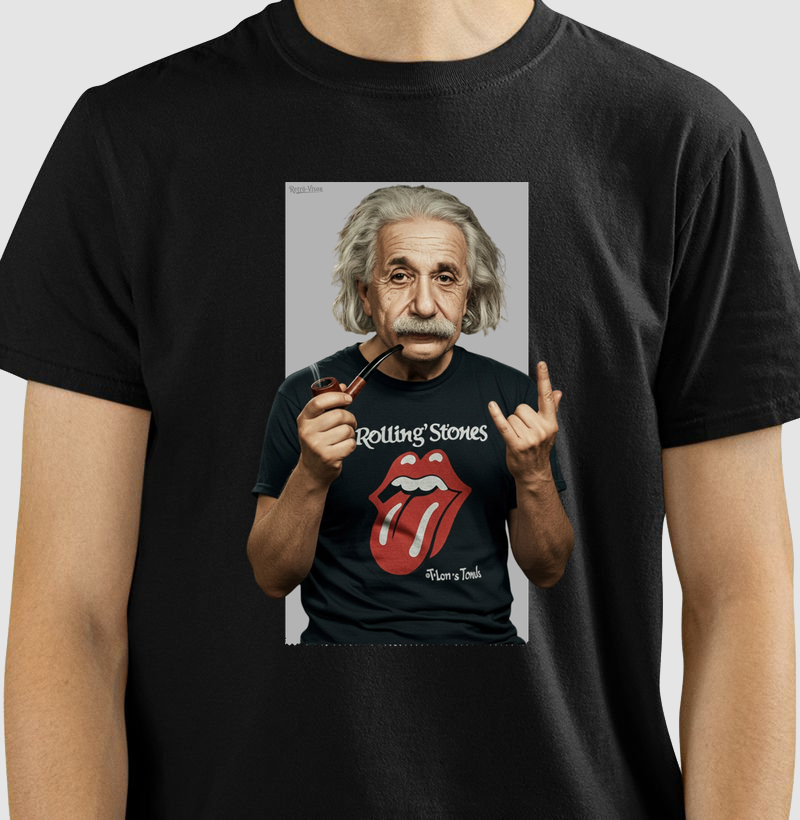 Camiseta preta com montagem irreverente de um ícone da ciência e do rock