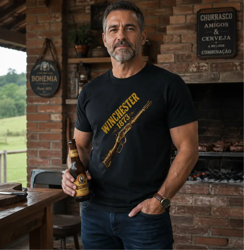 Homem vestindo camiseta preta com estampa Winchester 1873